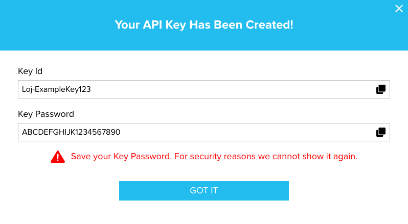 Example API Key ID and Password